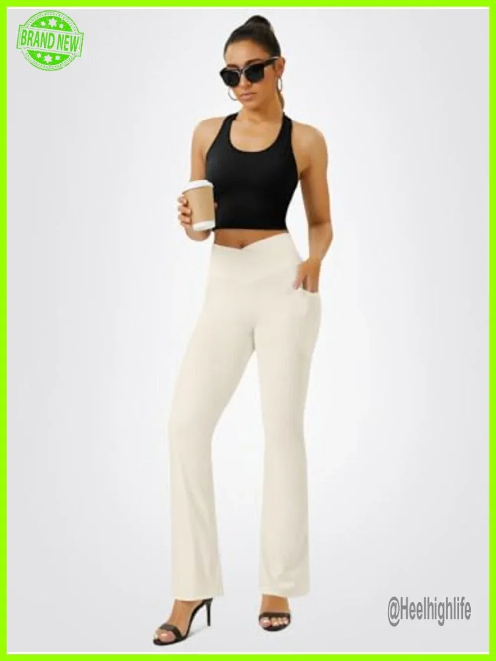 High Waisted Crossover Flare Leggings with Pockets No Front Seam